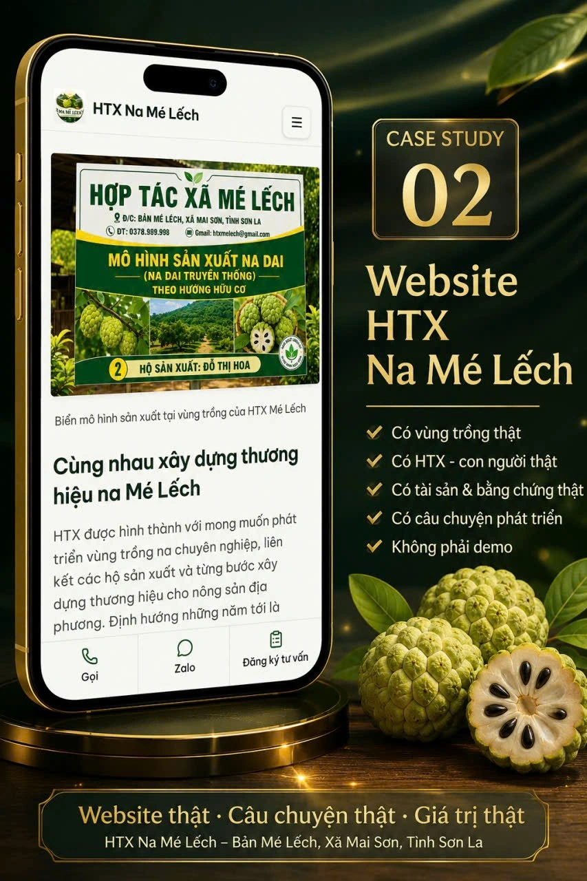 Trang Website Na Mé Lếch giới thiệu biển nhận diện HTX và câu chuyện xây dựng thương hiệu vùng trồng.