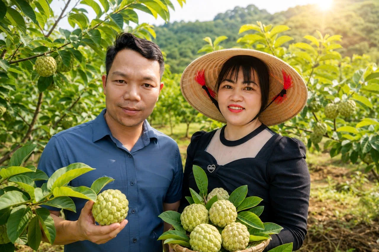 Đại diện ZenBan cùng người phụ trách HTX Na Mé Lếch tại vườn na ở Sơn La.