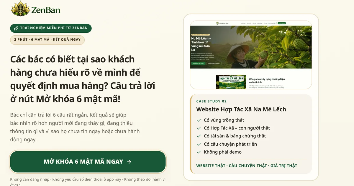 Giao diện thật của trải nghiệm 6 Mật Mã do ZenBan xây dựng.